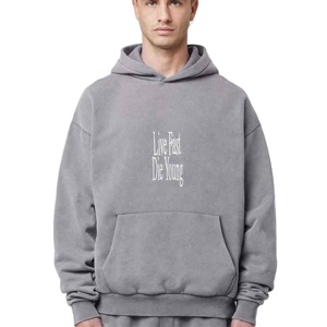 <b>Vintage</b> Washed Hoodie Heavyweight Fleece Acid Wash Center Text Print Drop Shoulder Oversized Pullover Unisex <b>Sweatshirt</b> - Product Image 1