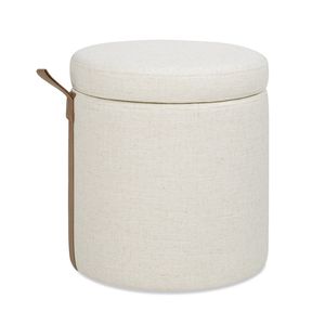 Otomana Redonda Tapizada de 14 Pulgadas con Almacenamiento y Detalles en Cuero, Color Blanco Lino - Elegantes Taburetes y Otomanas - Product Image 6