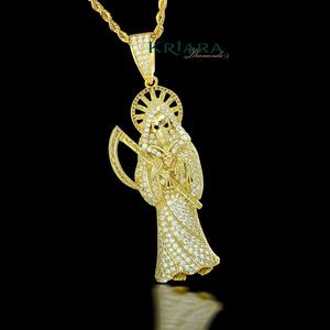 Colgante de plata 925 con baño de oro amarillo de la Parca, con incrustaciones de diamantes redondos cultivados en laboratorio, amuleto religioso, estilo hip hop unisex - Product Image 6