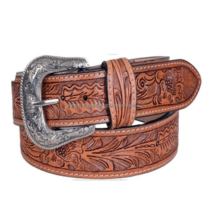 Ceinture en cuir pleine fleur de qualité supérieure, sculptée à la main, style western, pour hommes et femmes, avec boucle en laiton gravée de motifs floraux. - Product Image 6