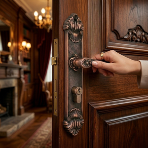 Manija de puerta de latón macizo Heritage Crest sobre placa |   Manija de Puerta de Diseño Vintage con Forma de Concha y Orificio para Llave, para Puertas de Madera de Lujo - Product Image 5