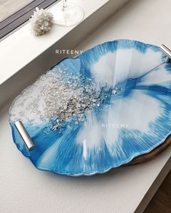 Handmade <b>Epoxy</b> Resin Decorative Serving Tray Luxury Crystal Look Resin Serving Tray Modern Artistic Resin <b>Coffee</b> <b>Table</b> Tray - Product Image 2