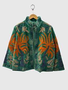 Chaqueta de Terciopelo con Bordado Floral a Mano, Cuello Mandarín, Manga Larga, Talla Grande, Abrigo de Otoño para Mujer, Estilo Prairie Chic - Product Image 1