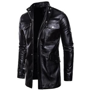 Veste en cuir longue et imperméable pour hommes avec col montant et quatre poches Manteau de moto de couleur unie En stock disponible - Product Image 6