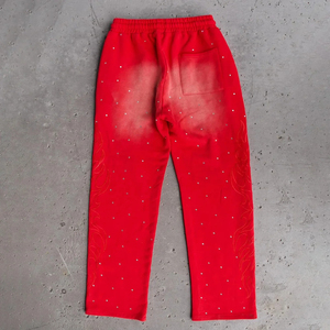 Pantalon de survêtement unisexe en coton épais avec strass, coupe ample évasée, broderie, délavage acide, jambe large pour homme - Product Image 4