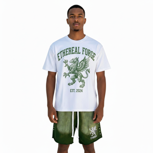 Conjunto de Camiseta y Pantalones Cortos de Algodón Unisex Ethereal Forge, Cuello Redondo, Manga Corta, Cordón Ajustable, Estampado Verde y Blanco, Ropa Casual de Verano - Product Image 3