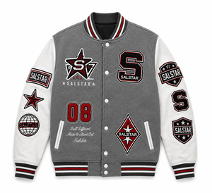 เสื้อแจ็คเก็ตเบสบอลแบบ Varsity Letterman สีเทาขาวสำหรับผู้ชาย พร้อมป้ายปักแบบ OEM ODM - Product Image 1