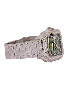 Montre-bracelet de luxe carrée en acier inoxydable Briva, verre quartz, cadran vert, chiffres romains, aiguilles argentées, couronne en pierre bleue - Product Image 6