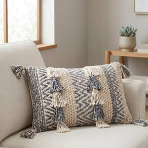 Housse de coussin bohème avec rayures géométriques et détails en pompons, coussin décoratif tissé, accent de décoration intérieure bohème en laine et coton - Product Image 6