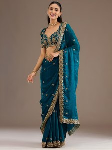 Sari brodé bleu, tenue ethnique traditionnelle pour femmes, bordure florale, dupatta, tenue de fête et de mariage - Product Image 2