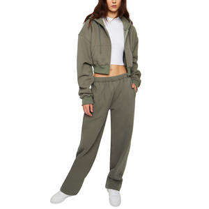Women's Olive Green Hooded Tracksuit <b>Set</b> Full Sleeve Zipper Sweatshirt <b>Matching</b> <b>Jogger</b> Pants Casual Loose Fit - Product Image 3