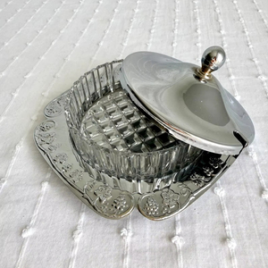 Designer Glass Butter Dish With Silver Lid And Decorative Tray For Serving Butter During Breakfast Lunch And Dinner From India - Product Image 1