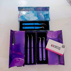 Pince à cils violette et bleue, revêtement poudré, personnalisée, avec boîte à double compartiment, 90 unités, longueur 45 mm, courbure 45, pointe lisse argentée - Product Image 2