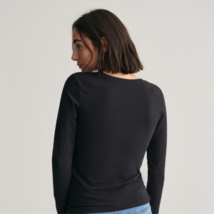 Women's <b>Black</b> <b>Long</b> <b>Sleeve</b> <b>T</b>-<b>Shirt</b> Scoop Neck Slim Fit Plain Dyed Solid Casual Jersey Tee - Product Image 4