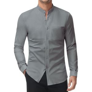 Camisa Casual Personalizada para Hombre con Cuello Mao, Manga Larga, Botones al Frente, Bolsillo en el Pecho y Estilo de Color Sólido - Product Image 1