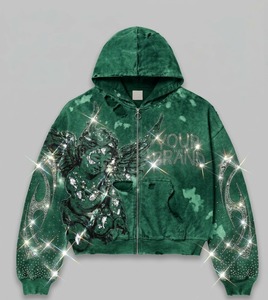 Sweat à capuche streetwear de haute qualité, vintage, délavé à l'acide, avec motif en strass, logo personnalisé, en molleton épais, entièrement zippé - Product Image 3