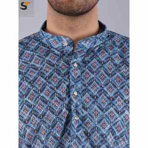 DISEÑADOR RAYON SECUENCIA TRABAJO HOMBRE KURTA CON PIJAMA AZUL MARINO - Product Image 2