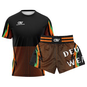 Conjunto de Pantalones Cortos de Boxeo y Muay Thai Sublimados con Logotipo Personalizado, Bajo MOQ, Elásticos, Transpirables, de Poliéster, para Artes Marciales, Manga Corta - Product Image 1
