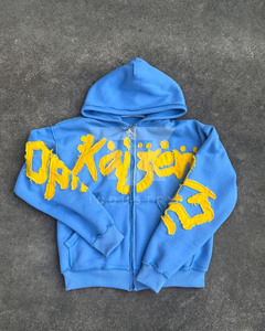 Sudadera con capucha azul desgastada con estampado amarillo al por mayor |   Sudadera con capucha vintage adornada con estampado de alienígena agrietado - Product Image 2