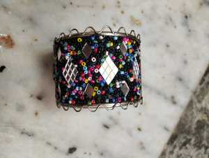 Handcrafted Embroidered Hinged Cuff <b>Bracelet</b> with Natural Shells Colorful Glass Bead <b>Boho</b> Statement Fashion Jewelry - Product Image 3