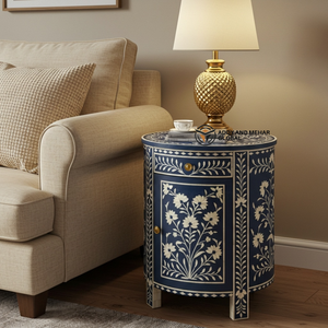 Table de chevet ronde en bois artisanale de luxe moderne et écologique avec incrustations florales bleues, 2 tiroirs et rangement - Product Image 6