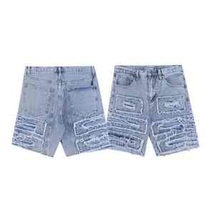 Shorts de mezclilla para hombre al por mayor, de alta calidad, transpirables, estilo urbano, con efecto lavado, desgastado y deshilachado, de corte holgado y cintura alta. - Product Image 4