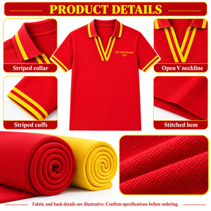 Camiseta Polo NSPDK para Mujer, Roja con Rayas Doradas, Cuello en V, Tejido Piqué, Manga Corta, Escudo Bordado, Ropa Griega - Product Image 6