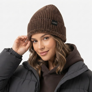Custom Unisex <b>Brown</b> Knit <b>Beanie</b> Sherpa Fleece Lined Warm Winter Wear Hat Custom Logo Casual Wear Winter Wear Warm <b>Beanie</b> - Product Image 2