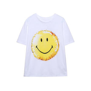 Camiseta de Manga Corta Casual 100% Algodón, Color Personalizado, Amarillo, con Estampado Facial, Estilo Veraniego, Unisex, Moda Femenina - Product Image 1