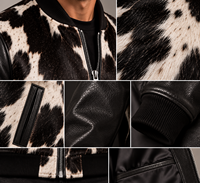 Blouson Bomber en Cuir Véritable de Vache avec Poils pour Homme, Blouson Varsity Personnalisé en Cuir de Vache Noir et Blanc, Vêtement d'Extérieur Premium Streetwear pour Homme