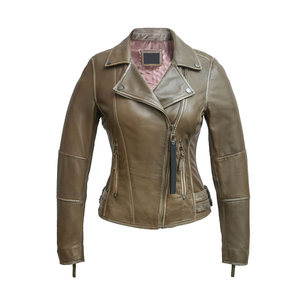 Women's Tan PU Leather Button Moto <b>Jacket</b> Full Sleeve Stand Collar Zipper Closure Solid Color Biker Style Cotton Filled All - Product Image 1