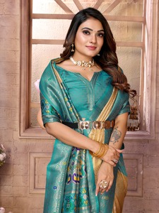 Green Banarasi Silk Paithani <b>Saree</b> Self Embroidered Indian Ethnic Wear Women Wedding Diwali Party Floor-Length Sun Protection - Product Image 3