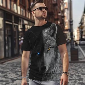 Men's Wolf Face <b>Animal</b> <b>Pattern</b> Short Sleeve O-Neck T-Shirt Digital Printed Casual Oversized Fit Jersey <b>Knitted</b> 100% Cotton - Product Image 3