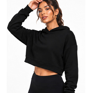Sweat-shirt à capuche court pour femme, couleur unie, manches longues, décontracté, pour l'automne, respirant, en tricot de coton et élasthanne, manches complètes - Product Image 6