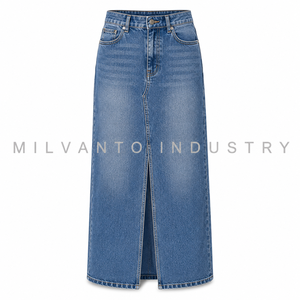 Jupe en jean personnalisée pour femmes |   Jupe longue en jean avec fente avant |   Jupe en jean bleu délavé taille haute |   Jupe en jean vintage - Product Image 5