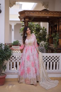 TENNECY Digital Printed Russian Silk Embroidery Zari Sequins-work Premium Readymade Wrinkle-Free Reversible <b>Ankle</b>-Length Party - Product Image 4