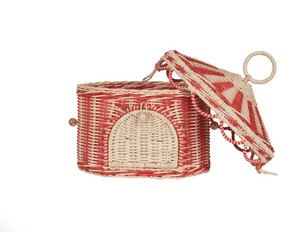 Cesta de Mimbre Tejida a Mano con Diseño de Rayas Rojas y Naturales y Tapa con Bisagras para la Habitación de los Niños y Decoración de la Guardería - Product Image 2