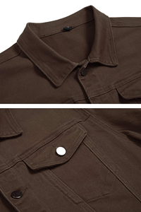 <b>Men's</b> Brown Canvas Shirt <b>Jacket</b> Stand Collar Casual Autumn Button Closure <b>Long</b> Sleeve Solid Color Slim Fit - Product Image 3