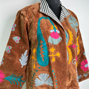 <b>Women's</b> <b>Brown</b> Knitted Embroidered Floral Mandarin Collar Thick Quilted Eco-Friendly Quick Dry Autumn <b>Jacket</b> - Product Image 3