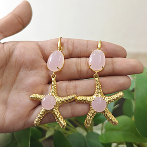 Nouvelle Arrivée Boucles d'Oreilles Pendantes Étoile de Mer en Calcédoine Rose, Laiton Massif Plaqué Or 18 carats, Style Bohème, Bijoux de Plage, Boucles d'Oreilles à Crochet pour Femme - Product Image 4