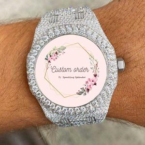 Montre Hip Hop pour Homme, Diamant Moissanite VVS, entièrement sertie, mouvement automatique mécanique, cadran rond, personnalisable - Product Image 1