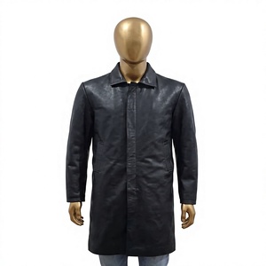 Nabtay Sports Distressed <b>Grey</b> Genuine Leather Thin Slim Fit Lightweight Turn-down Collar Button Zipper Closure <b>Men's</b> Trench Coat - Product Image 1
