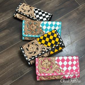 Portefeuille long en cuir artisanal à motifs floraux et à carreaux, rose mignon, sécurisé RFID, pour espèces, cartes et pièces de monnaie, pochette pour femme 2026 - Product Image 1