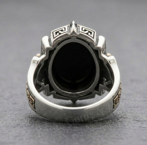 Black Onyx Gemstone 13x18mm Oval Shape Men's 925 <b>Silver</b> Two Tone Plated Punk Style Bezel Setting Signet Ring For Everyday Wear - Product Image 3