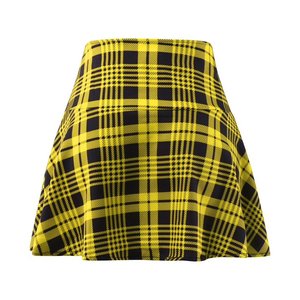 Women's Yellow Black Plaid A-<b>Line</b> Pleated Mini Skirt High Waist Woven Satin Breathable Ruffles Casual Style Summer - Product Image 1