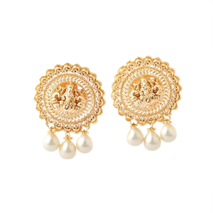Fine Drop Earrings Golden Pearl Lakshmi Round Gold Plated Alloy Casual Hindu - Product Image 3