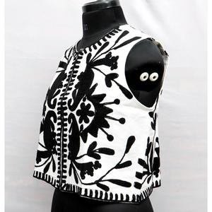 <b>Women's</b> <b>White</b> O-Neck Woven Cotton Duck Vest <b>Jacket</b> Black Floral Embroidered Elegant Coat Autumn Winter Spring Summer - Product Image 5