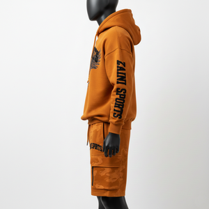Conjunto de Sudadera con Capucha y Pantalones Cortos de Felpa de Algodón y Poliéster para Hombre, Color Naranja Quemado, con Panel Personalizado y Logotipo Estampado, Estilo Urbano - Product Image 3