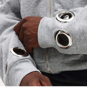 Sweat à capuche zippé pour homme, tricoté, respirant, personnalisé, de haute qualité, style vintage, coupe ample et carrée, avec œillets métalliques et empiècements - Product Image 5