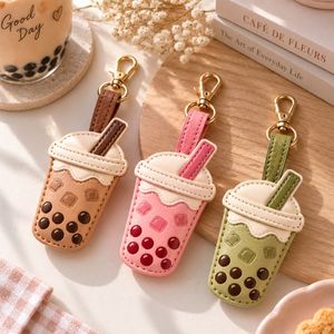 Porte-clés Bubble Tea avec cuir PU personnalisé gravé et sangle cousue pour cadeaux promotionnels - Product Image 1